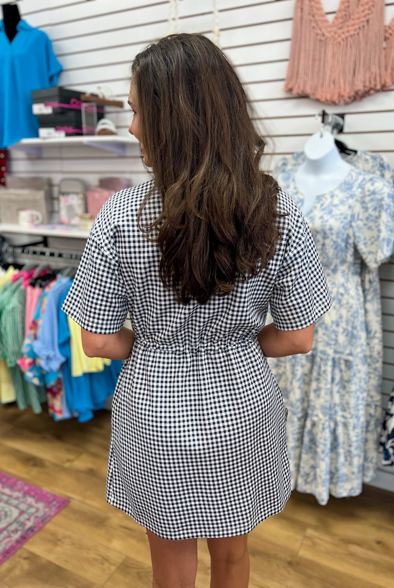Navy Check Print Drawstring Dress with Pockets - A'Bekah's Boutique