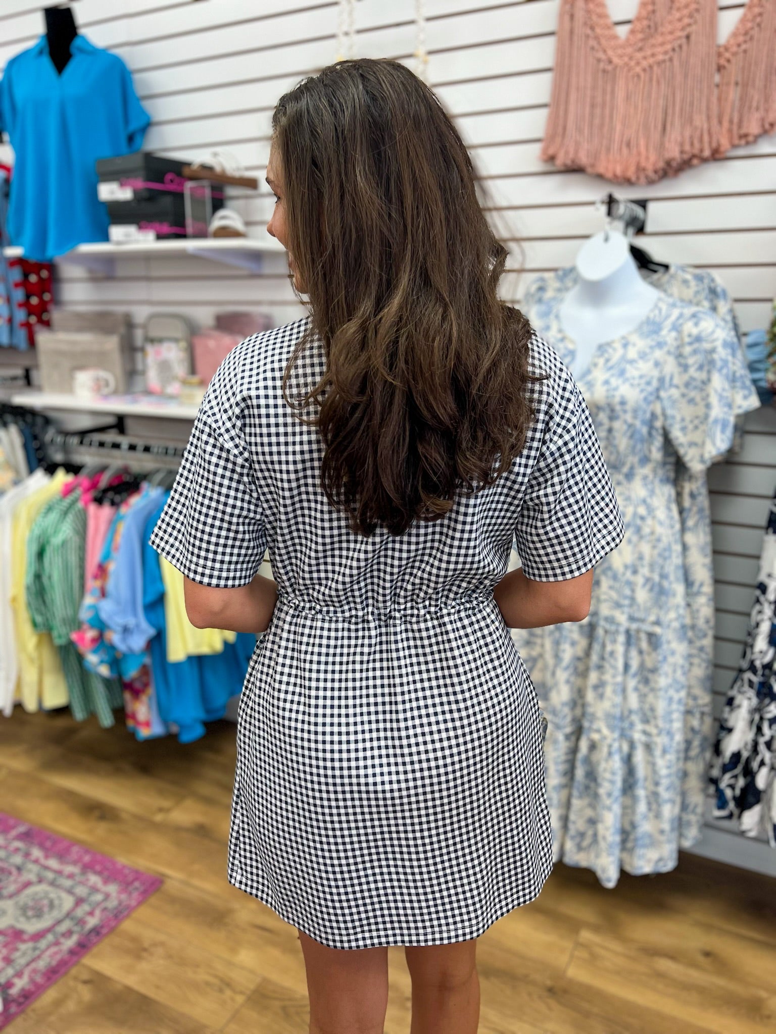 Navy Check Print Drawstring Dress with Pockets - A'Bekah's Boutique