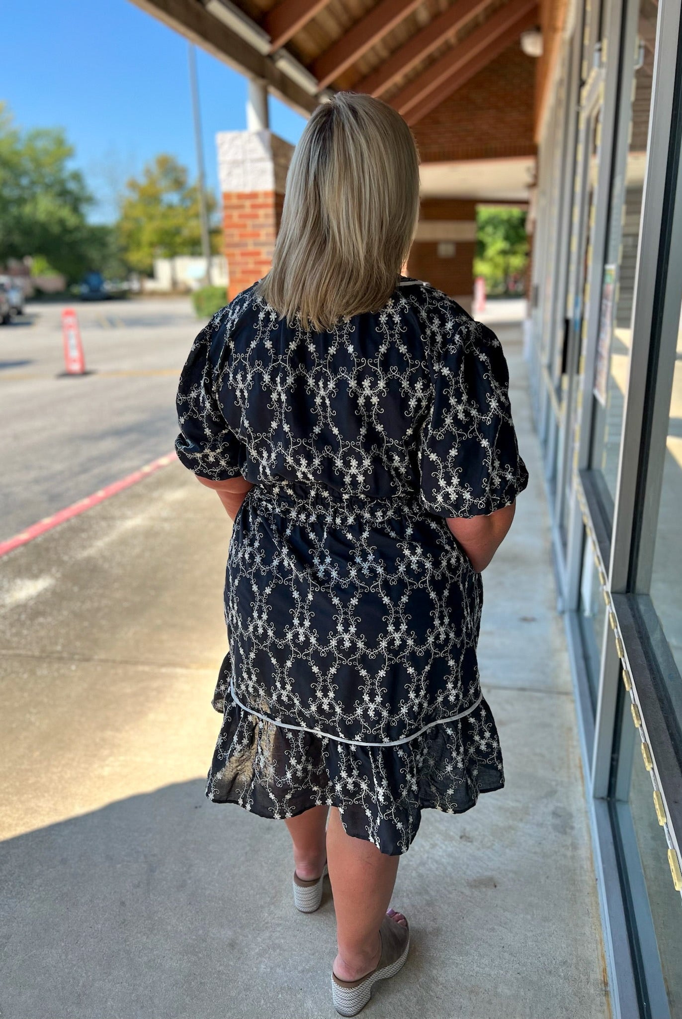 Navy Curvy Embroidered Short Sleeve V - Neck Dress - A'Bekah's Boutique