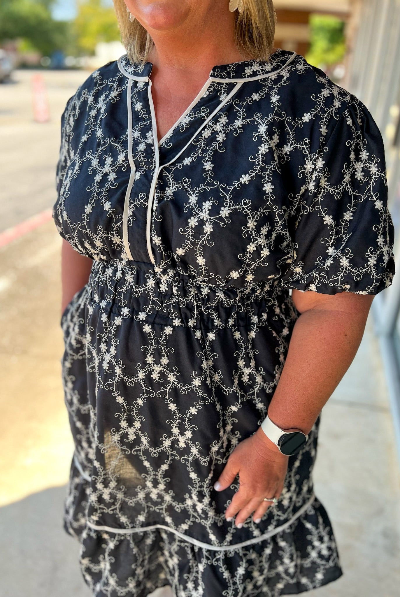 Navy Curvy Embroidered Short Sleeve V - Neck Dress - A'Bekah's Boutique