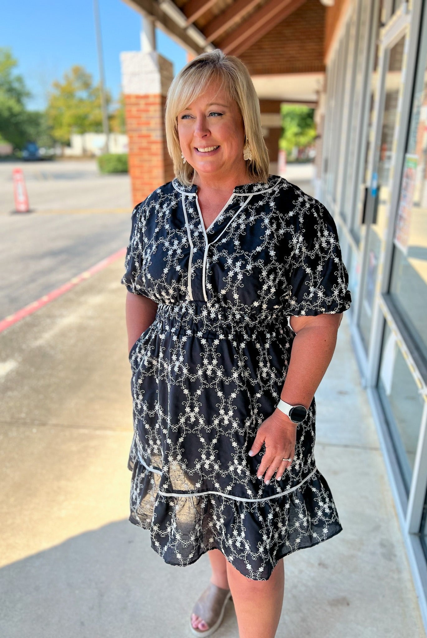 Navy Curvy Embroidered Short Sleeve V - Neck Dress - A'Bekah's Boutique