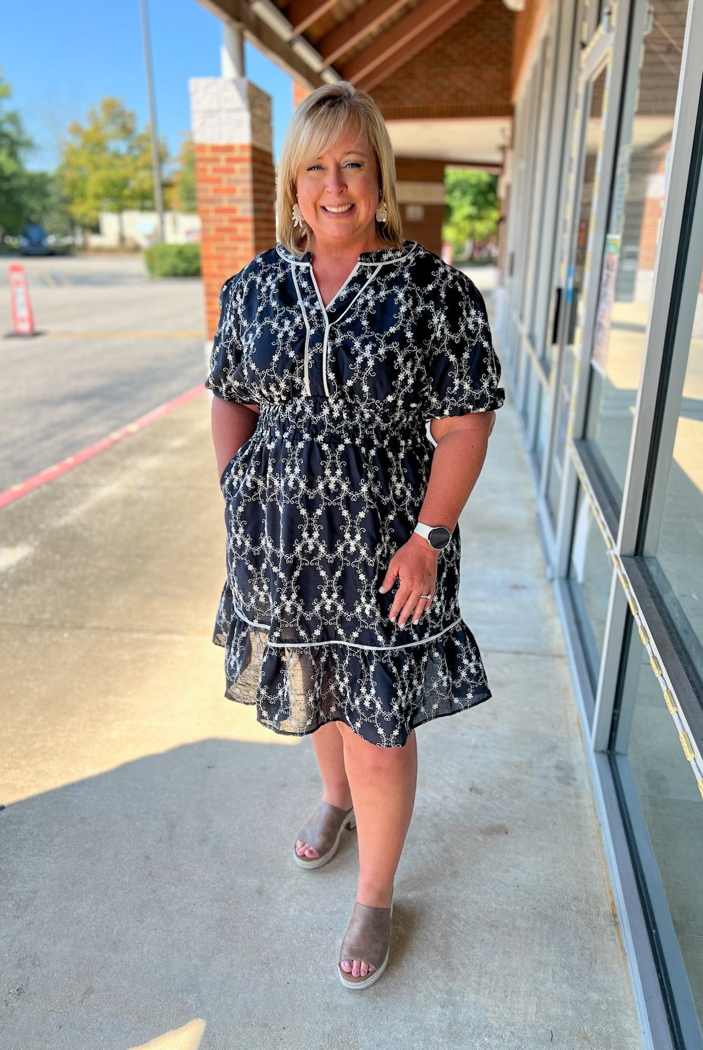 Navy Curvy Embroidered Short Sleeve V - Neck Dress - A'Bekah's Boutique