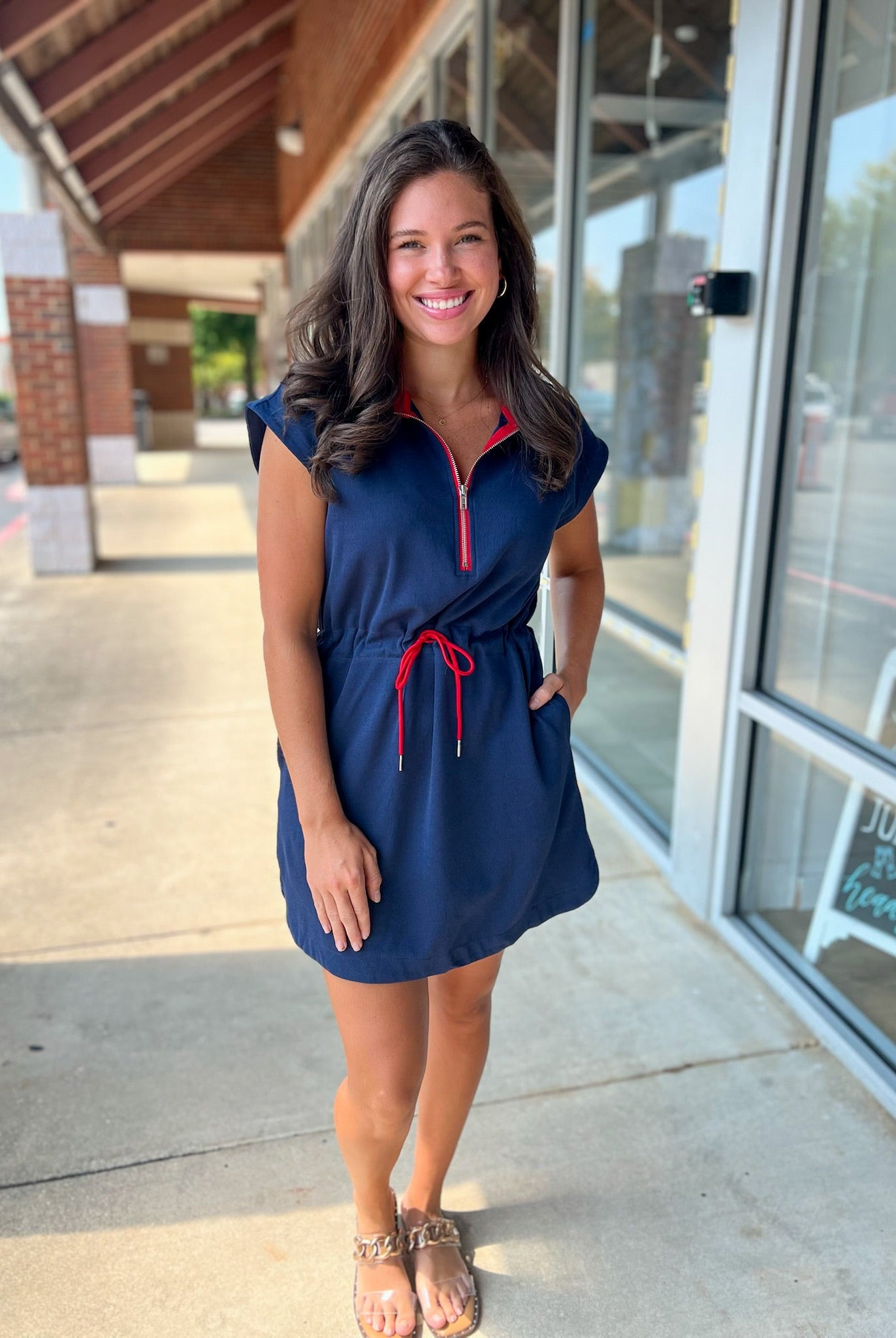 Navy Drawstring Waist Short Sleeve Dress with Red Details - A'Bekah's Boutique