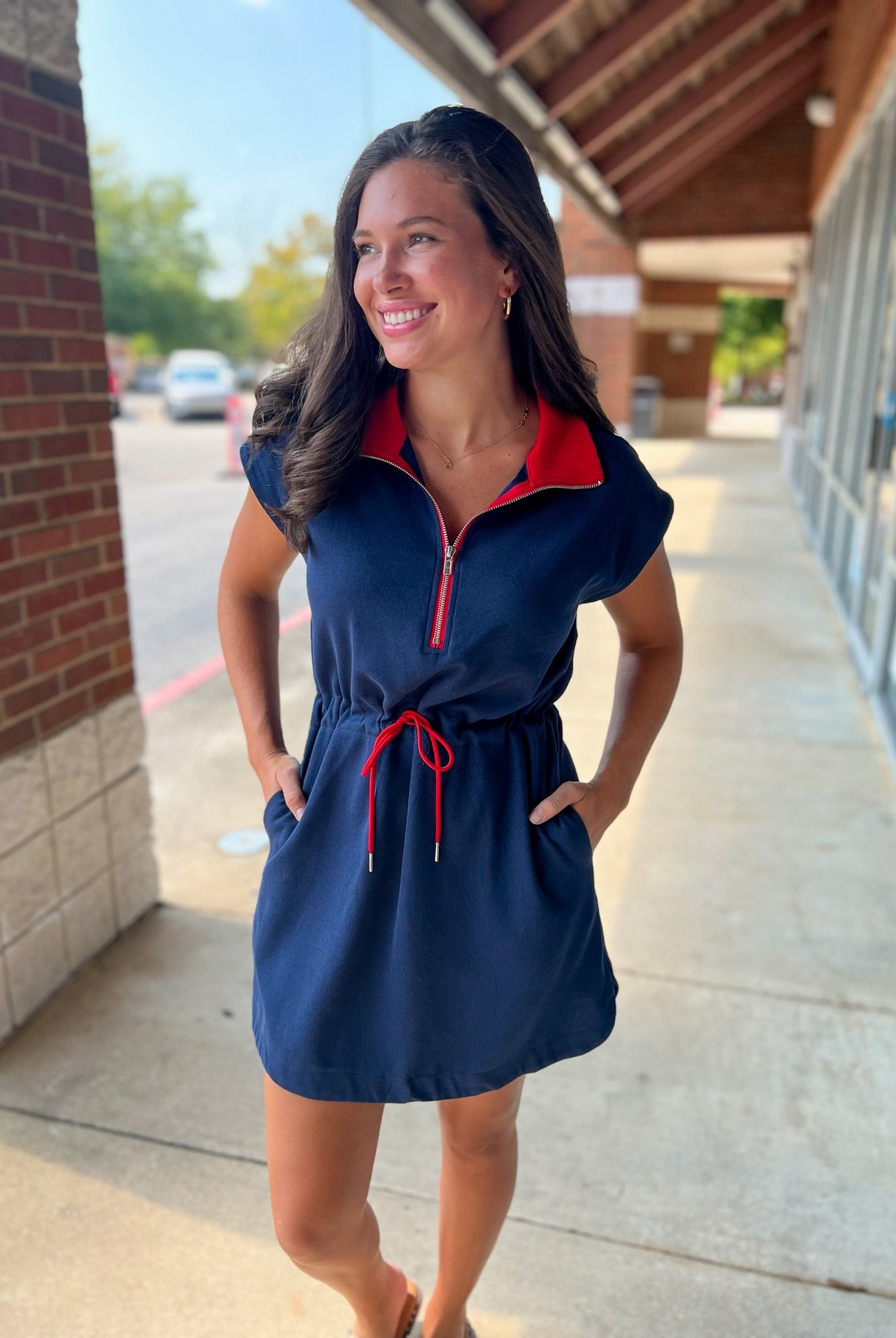 Navy Drawstring Waist Short Sleeve Dress with Red Details - A'Bekah's Boutique