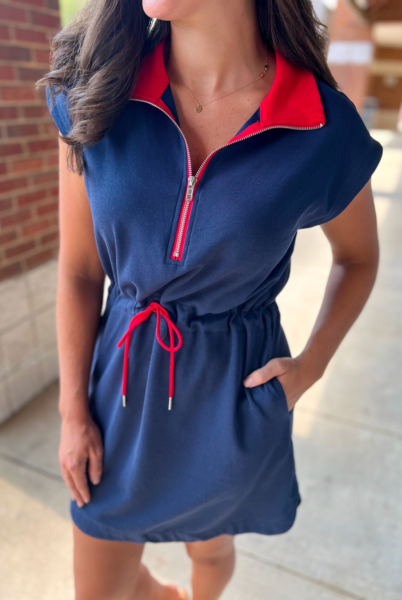 Navy Drawstring Waist Short Sleeve Dress with Red Details - A'Bekah's Boutique