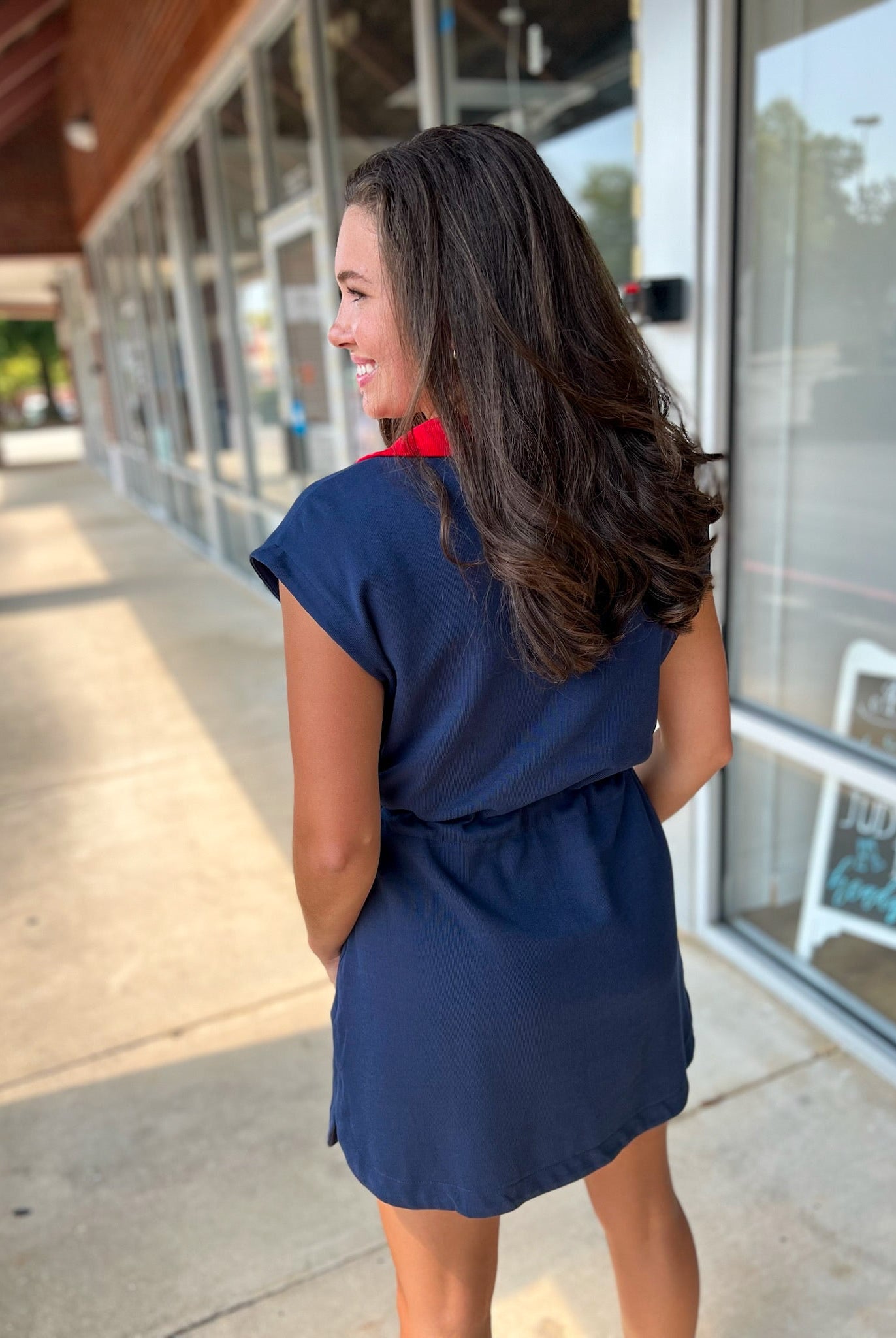 Navy Drawstring Waist Short Sleeve Dress with Red Details - A'Bekah's Boutique