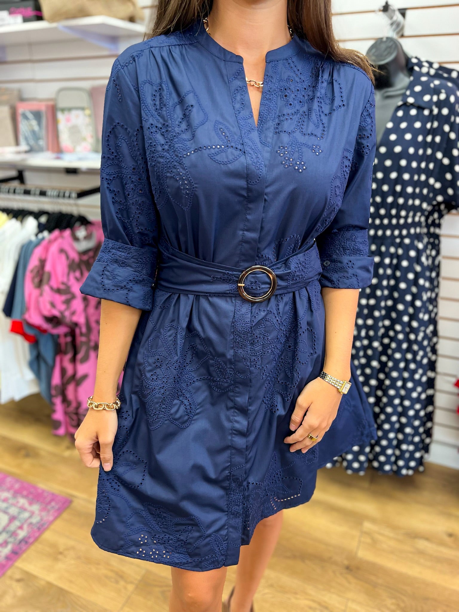 Navy Eyelet V-Neck Dress with O-Ring Belt - A'Bekah's Boutique