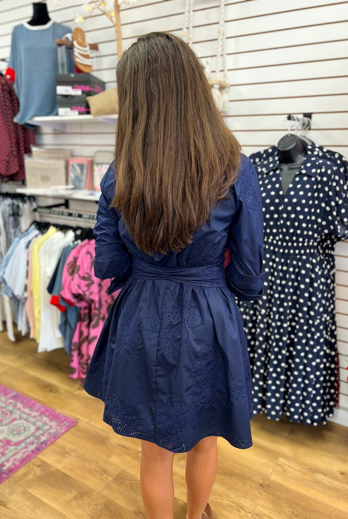 Navy Eyelet V-Neck Dress with O-Ring Belt - A'Bekah's Boutique