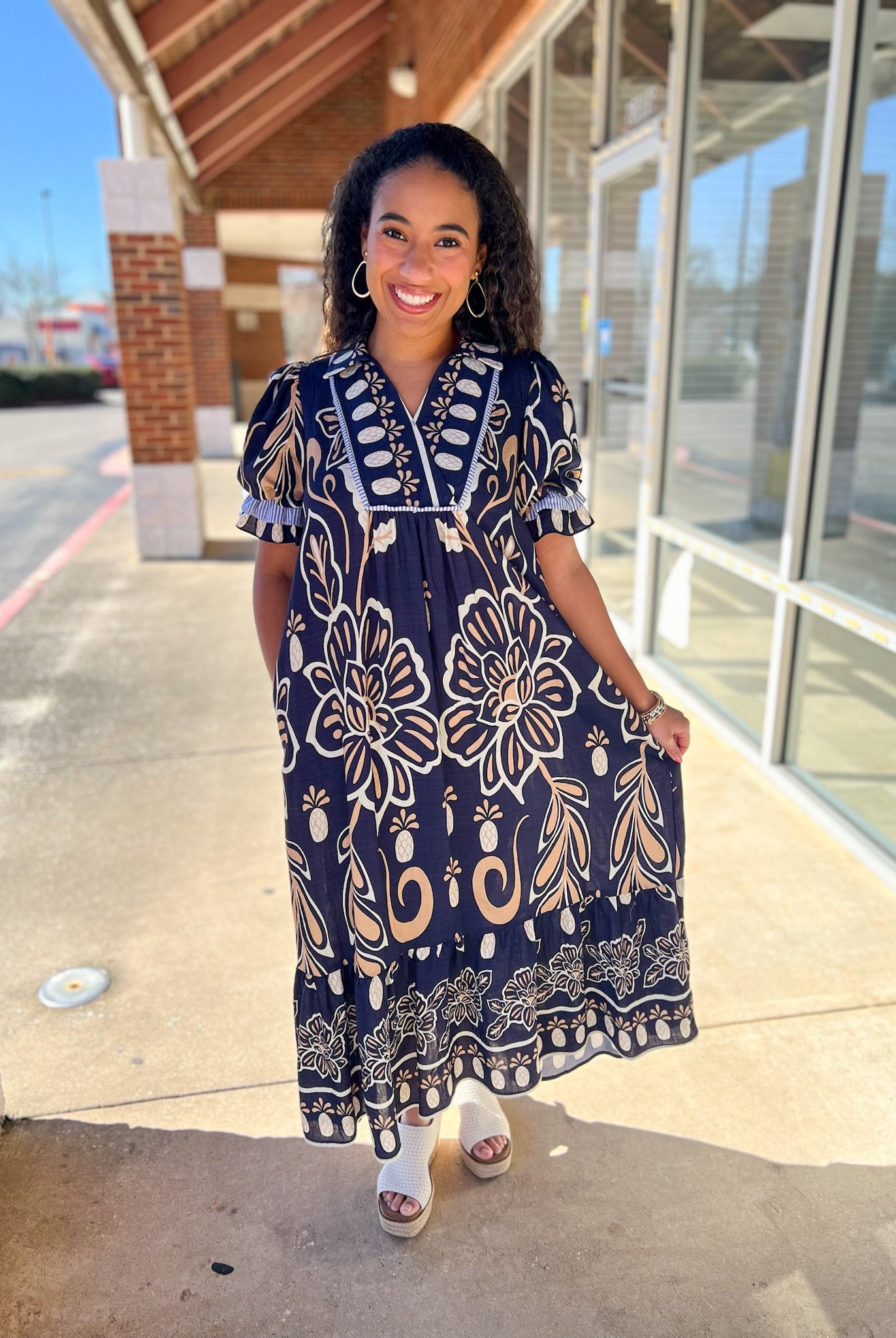 Navy Floral Border Print V - Neck Tiered Midi Dress - A'Bekah's Boutique