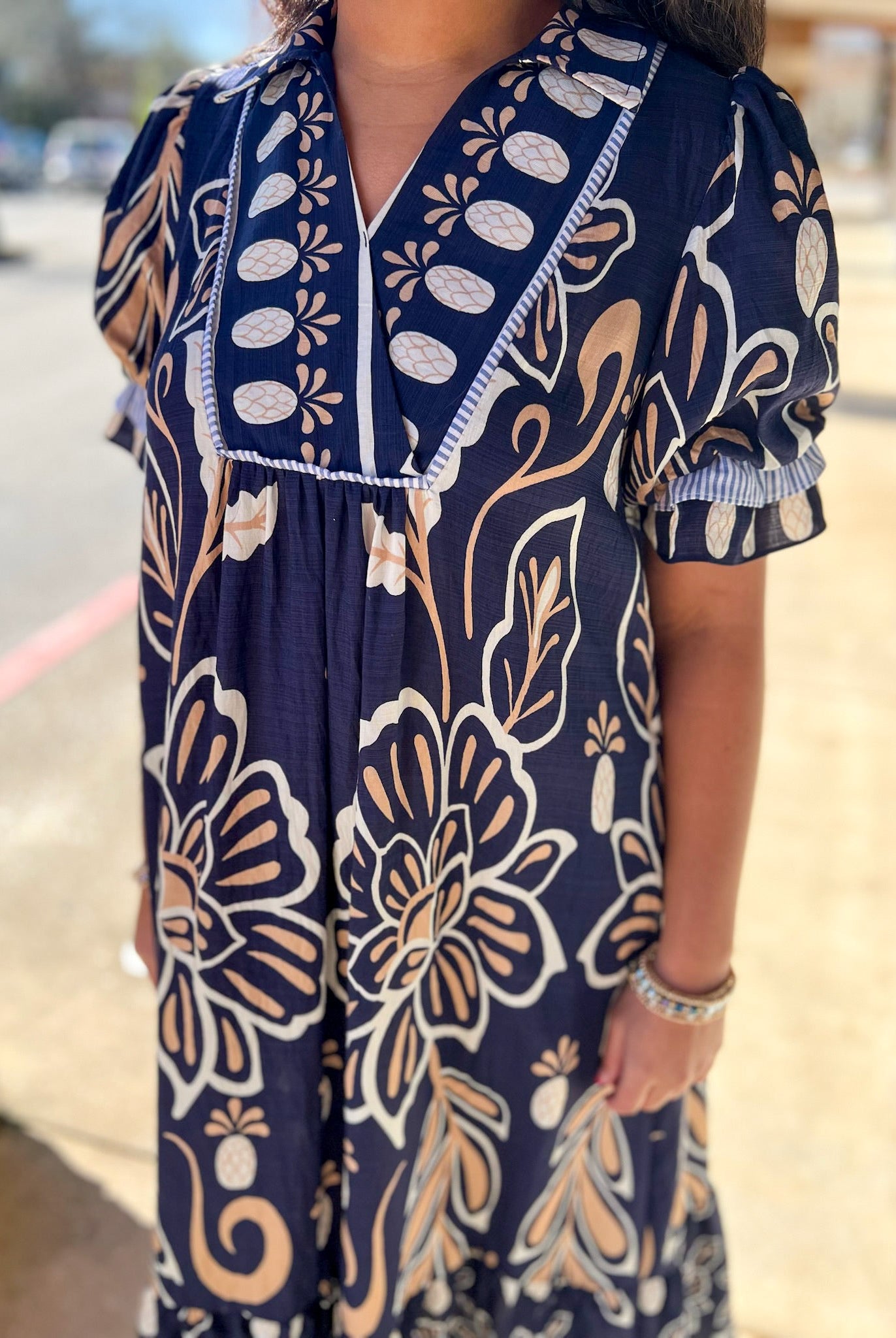 Navy Floral Border Print V - Neck Tiered Midi Dress - A'Bekah's Boutique