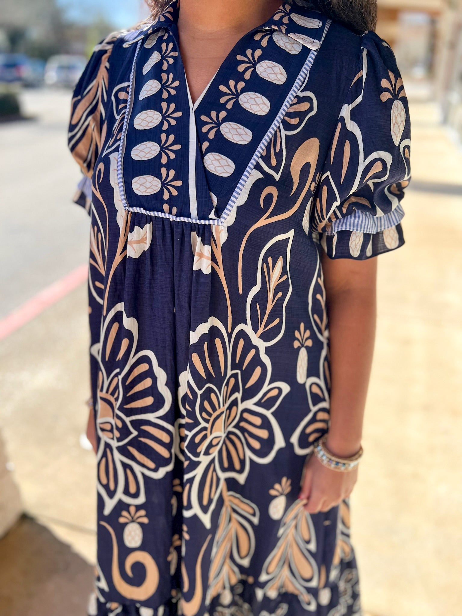 Navy Floral Border Print V - Neck Tiered Midi Dress - A'Bekah's Boutique