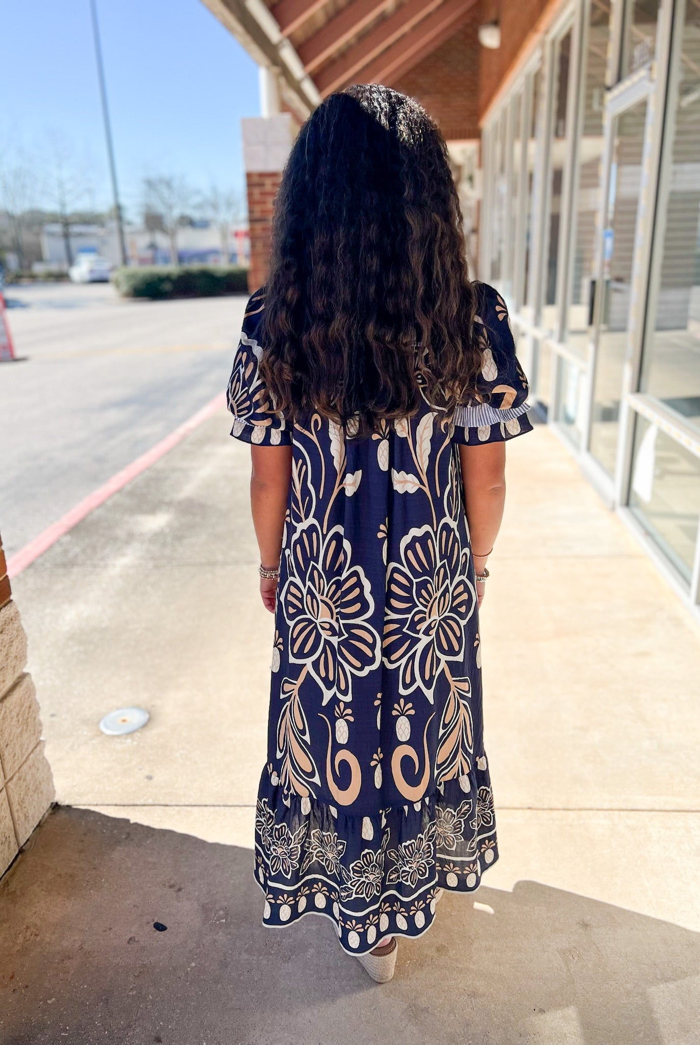 Navy Floral Border Print V - Neck Tiered Midi Dress - A'Bekah's Boutique