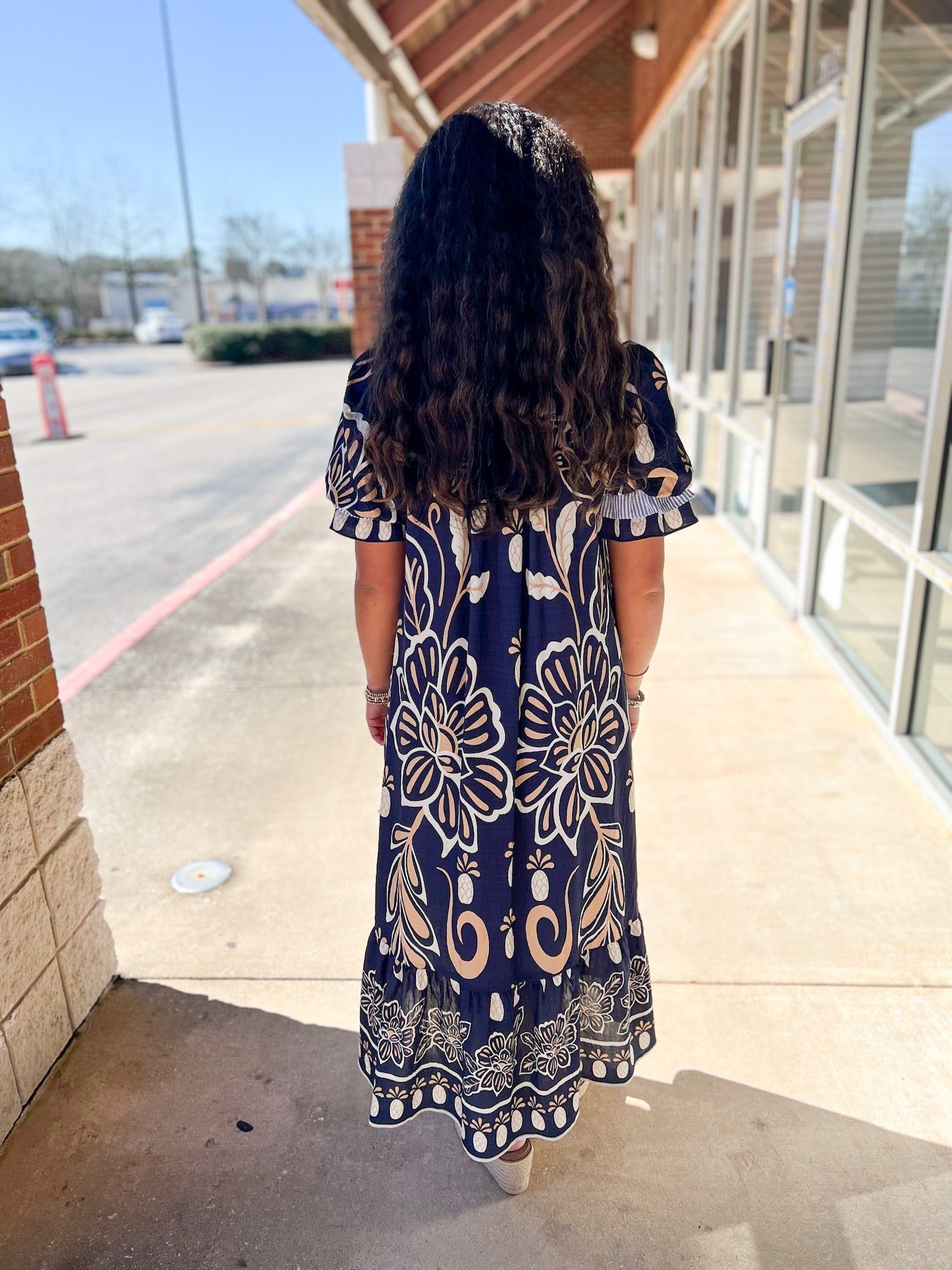 Navy Floral Border Print V - Neck Tiered Midi Dress - A'Bekah's Boutique