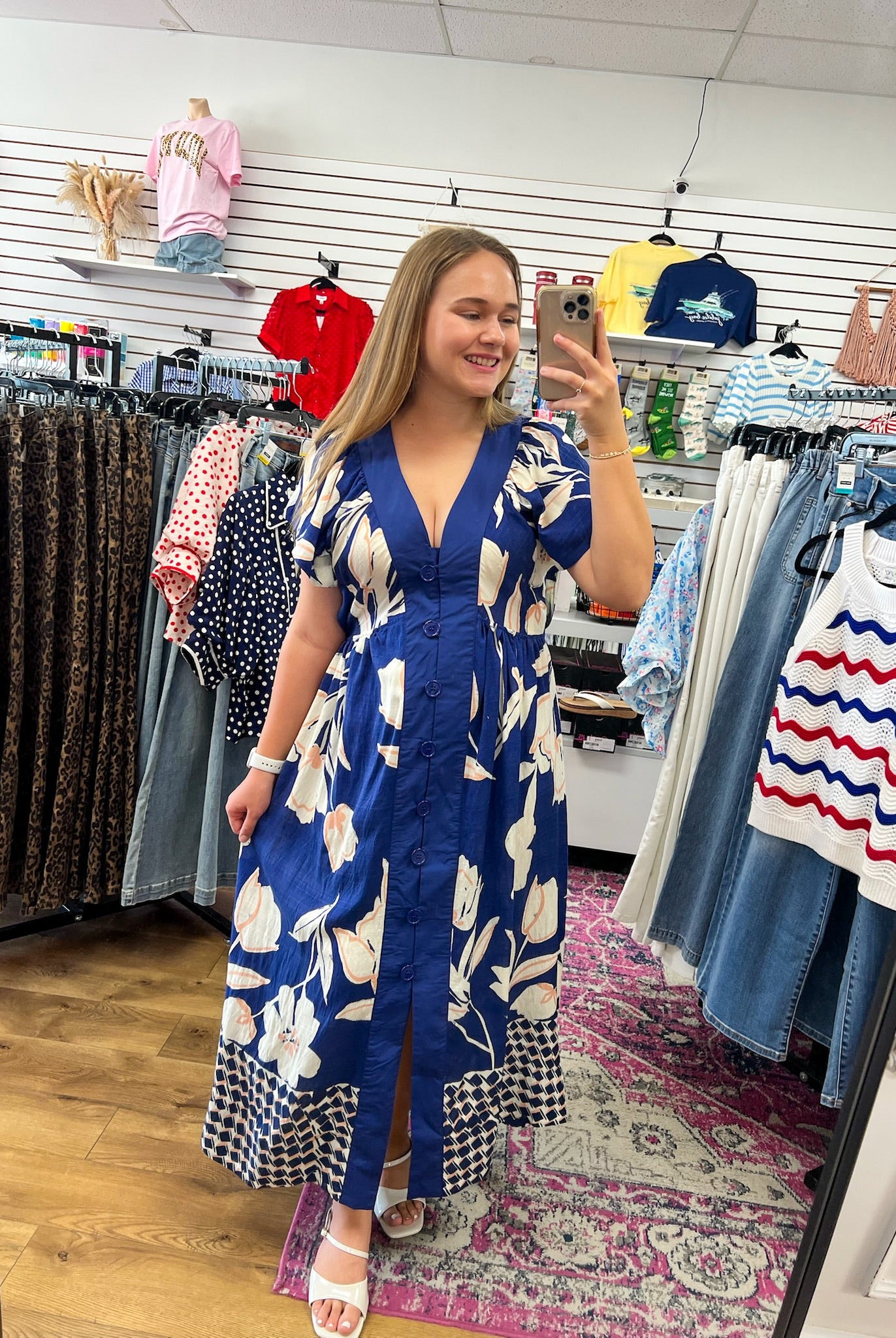 Navy Floral Button Up V-Neck Midi Dress - A'Bekah's Boutique