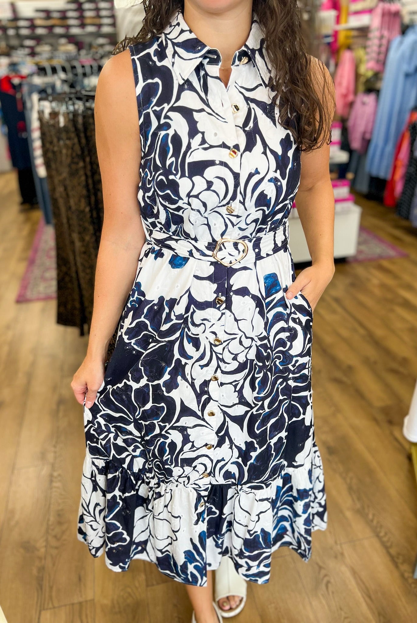 Navy Floral Midi Dress with Tie Waist - A'Bekah's Boutique