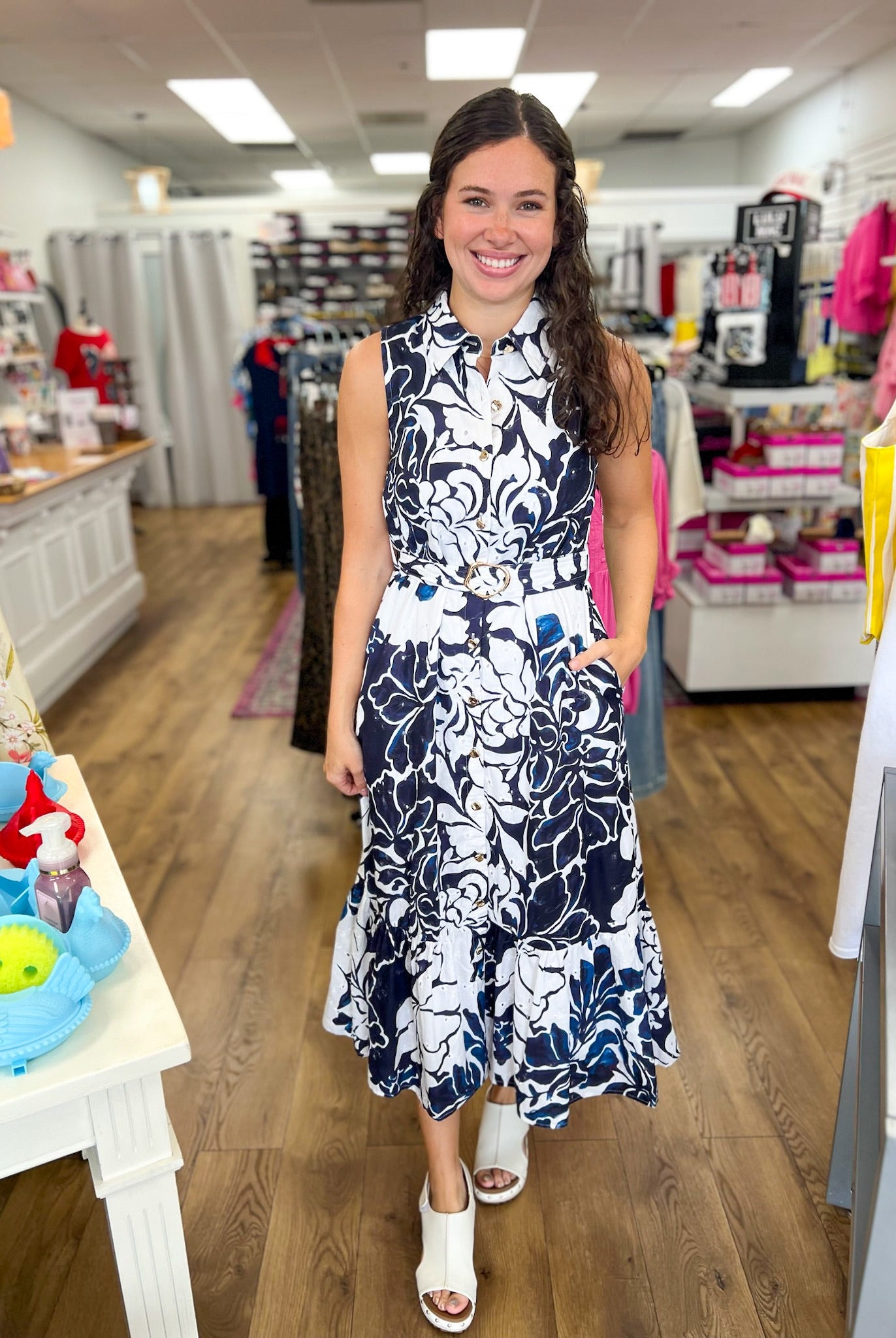 Navy Floral Midi Dress with Tie Waist - A'Bekah's Boutique