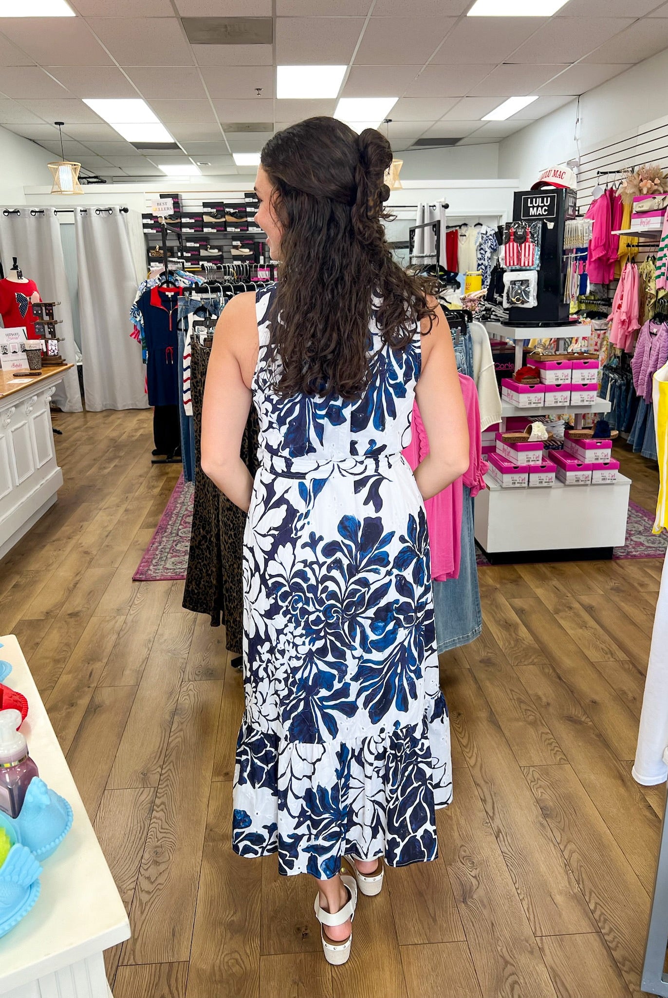 Navy Floral Midi Dress with Tie Waist - A'Bekah's Boutique