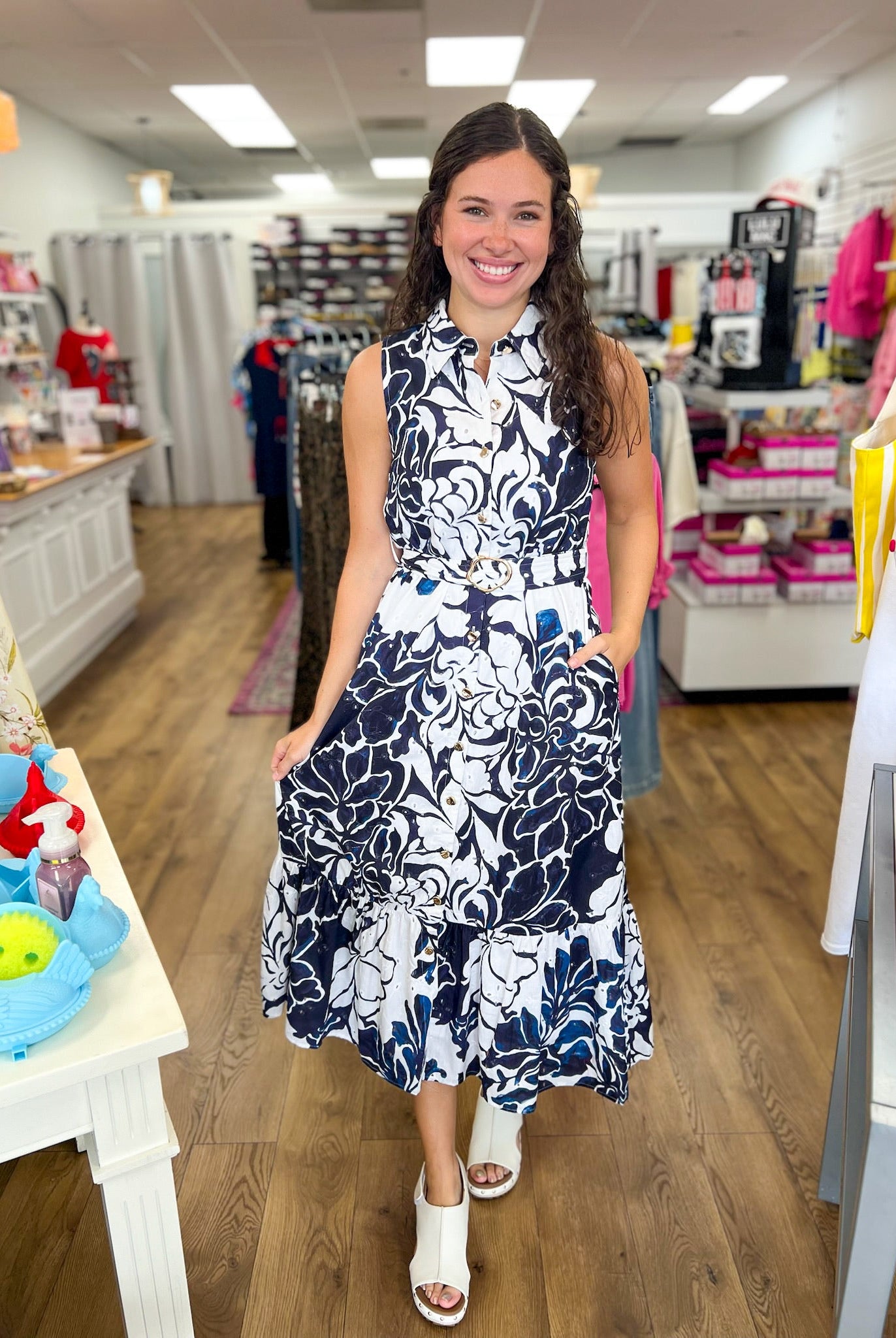 Navy Floral Midi Dress with Tie Waist - A'Bekah's Boutique