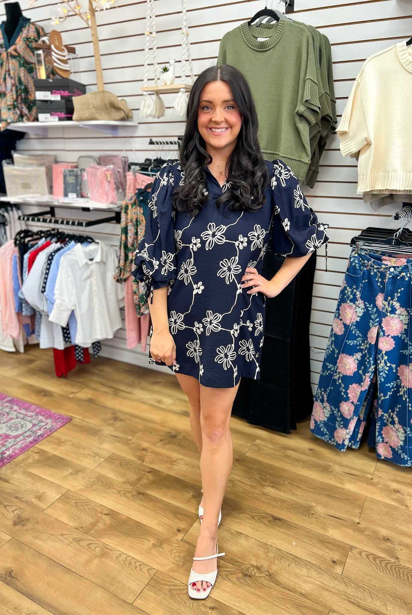 Navy Floral V-Neck Dress with 3/4 Balloon Sleeves - A'Bekah's Boutique
