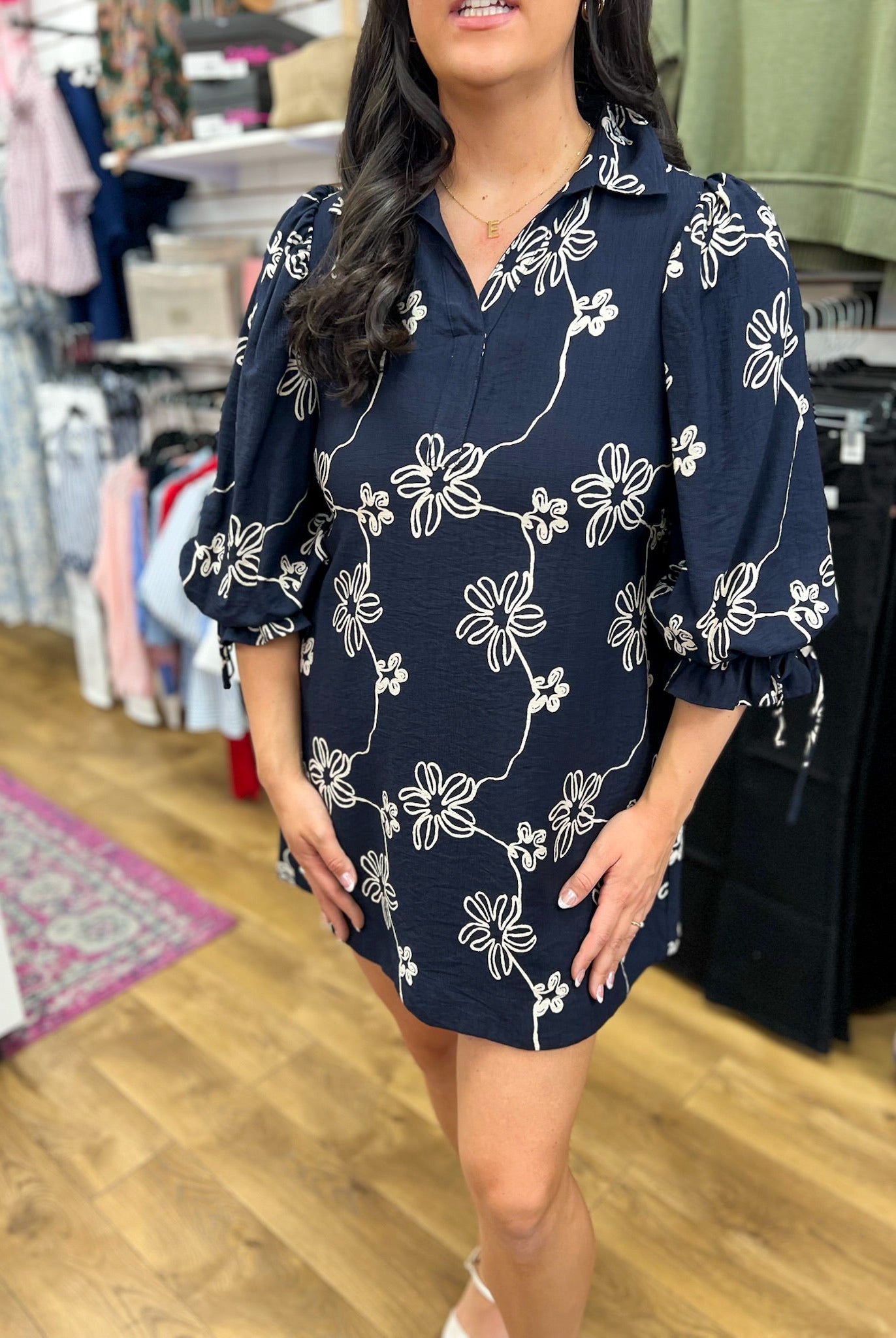 Navy Floral V-Neck Dress with 3/4 Balloon Sleeves - A'Bekah's Boutique