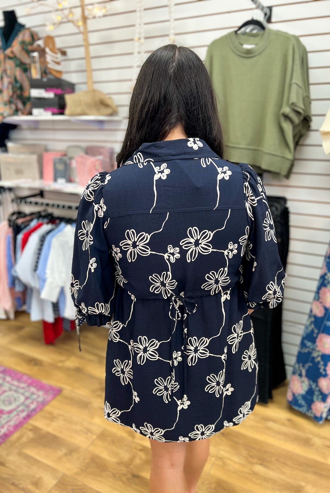 Navy Floral V-Neck Dress with 3/4 Balloon Sleeves - A'Bekah's Boutique
