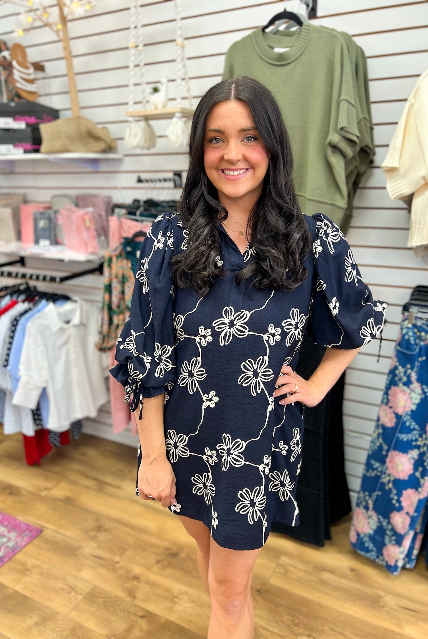 Navy Floral V-Neck Dress with 3/4 Balloon Sleeves - A'Bekah's Boutique