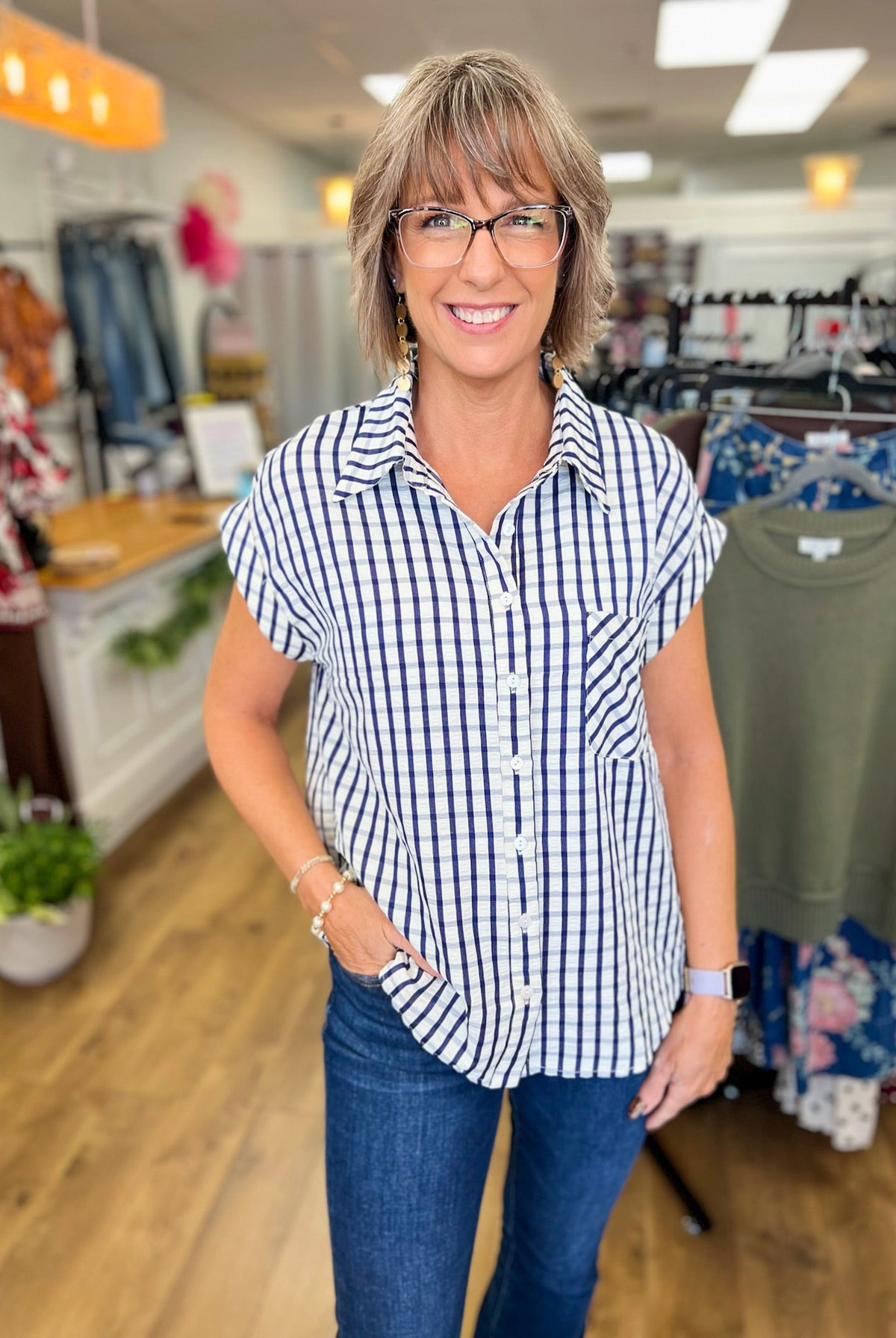 Navy Gingham Cap Sleeve Button Up Top - A'Bekah's Boutique