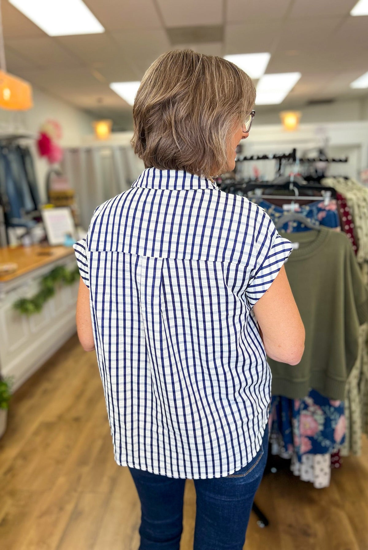 Navy Gingham Cap Sleeve Button Up Top - A'Bekah's Boutique