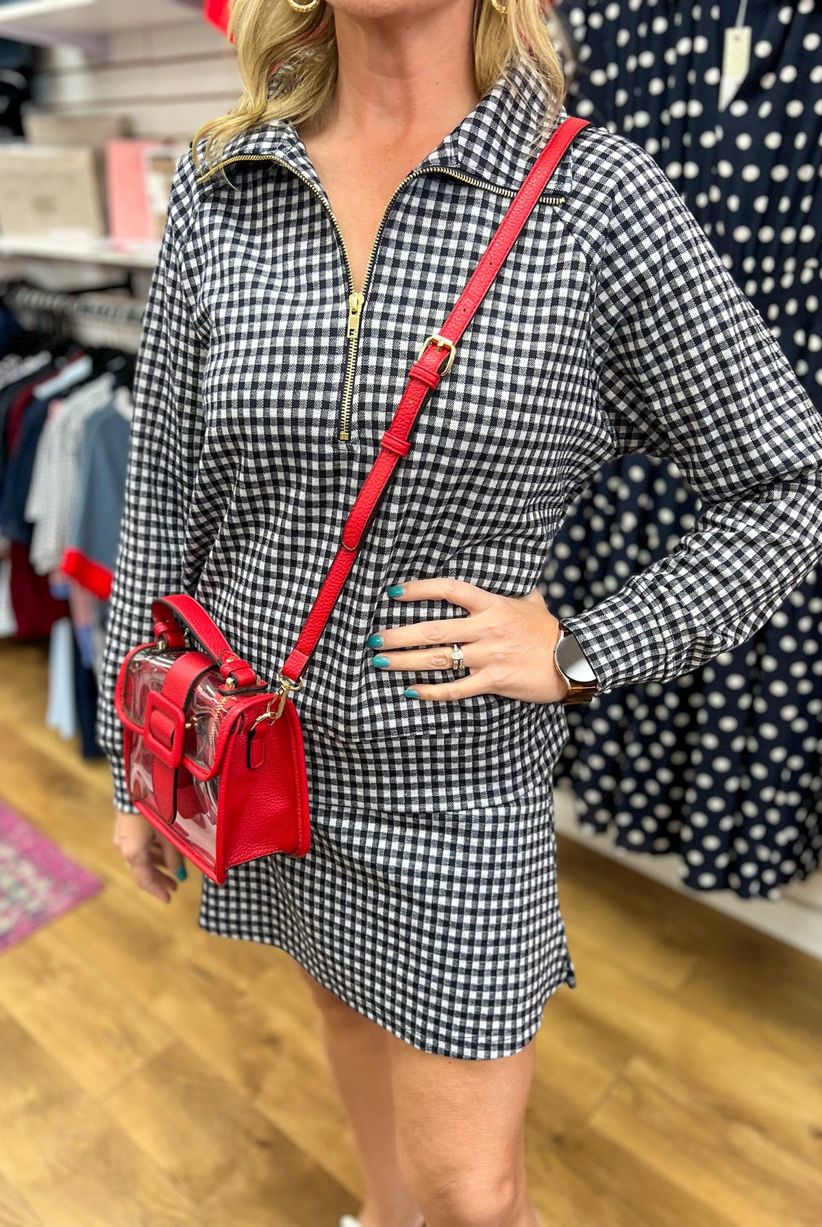 Navy Gingham Long Sleeve Half Zip Skort Set - A'Bekah's Boutique