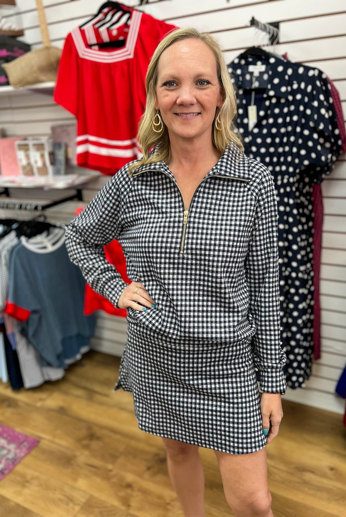 Navy Gingham Long Sleeve Half Zip Skort Set - A'Bekah's Boutique