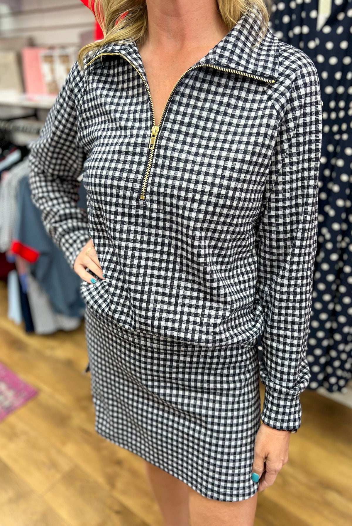 Navy Gingham Long Sleeve Half Zip Skort Set - A'Bekah's Boutique