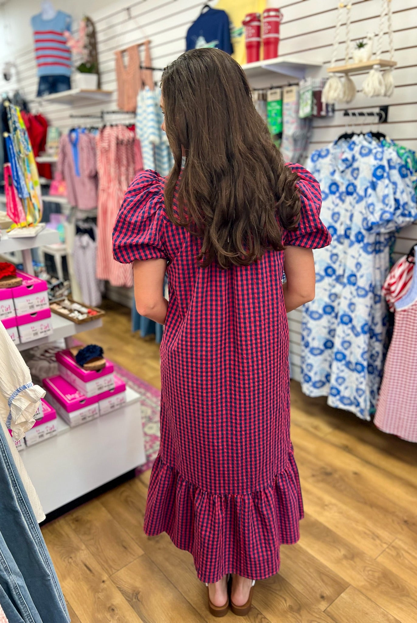 Navy Gingham V-neck Midi Dress with Short Puff Sleeves - A'Bekah's Boutique