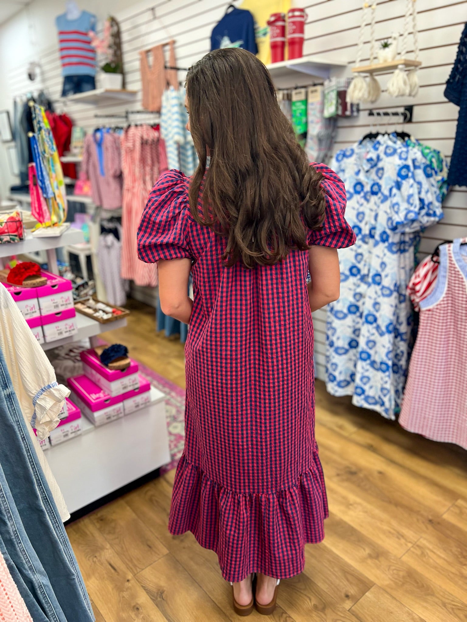 Navy Gingham V-neck Midi Dress with Short Puff Sleeves - A'Bekah's Boutique