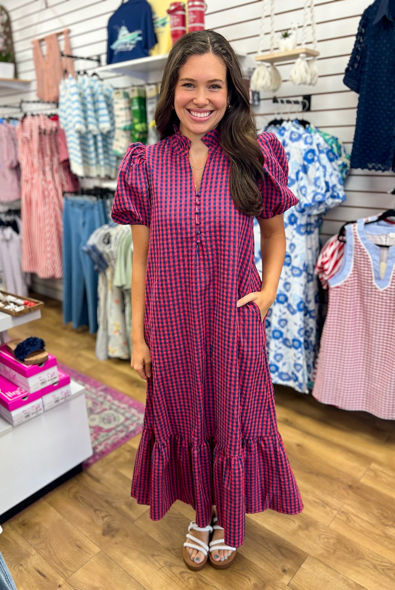 Navy Gingham V-neck Midi Dress with Short Puff Sleeves - A'Bekah's Boutique