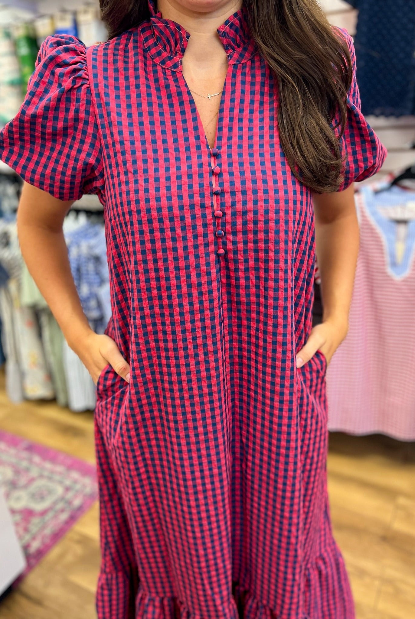 Navy Gingham V-neck Midi Dress with Short Puff Sleeves - A'Bekah's Boutique
