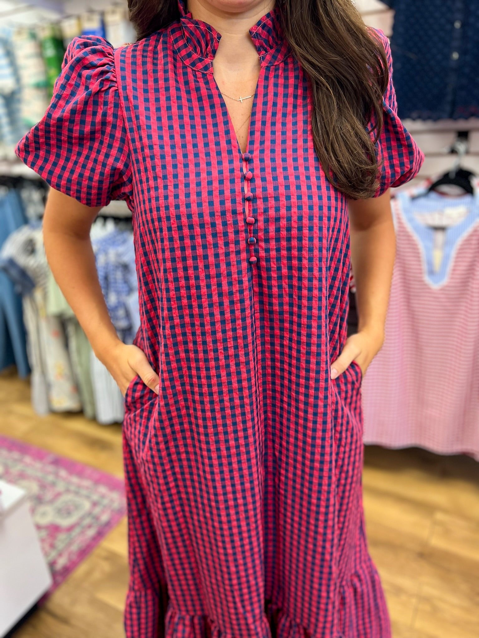 Navy Gingham V-neck Midi Dress with Short Puff Sleeves - A'Bekah's Boutique