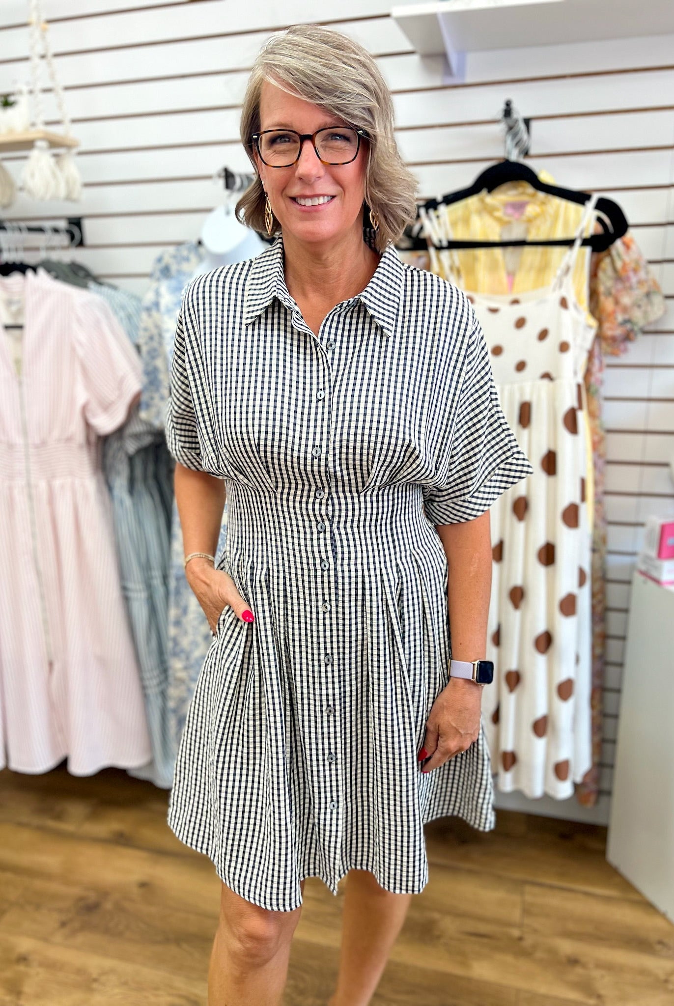Navy Gingham Waist Pintuck Dress with Pockets - A'Bekah's Boutique