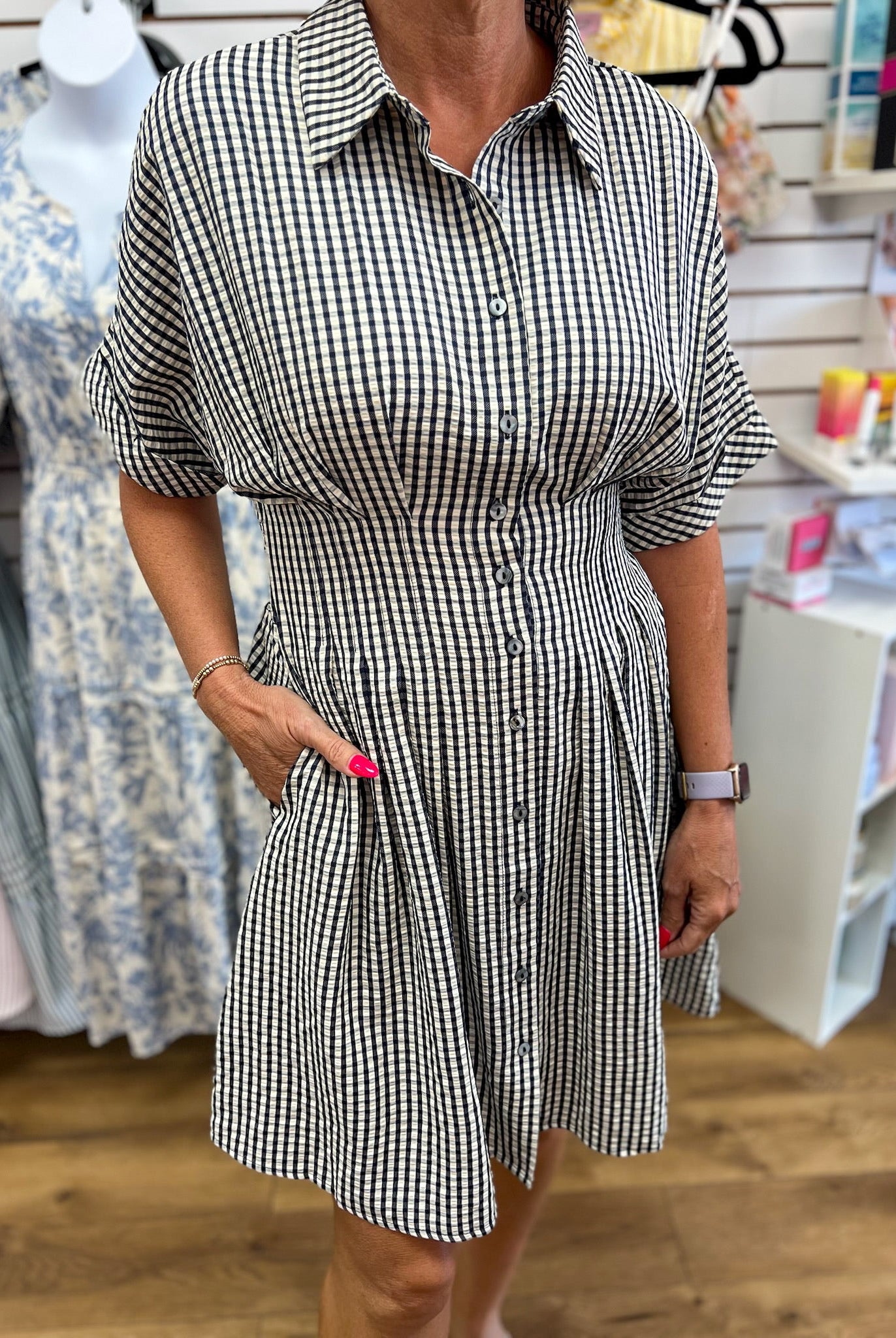 Navy Gingham Waist Pintuck Dress with Pockets - A'Bekah's Boutique