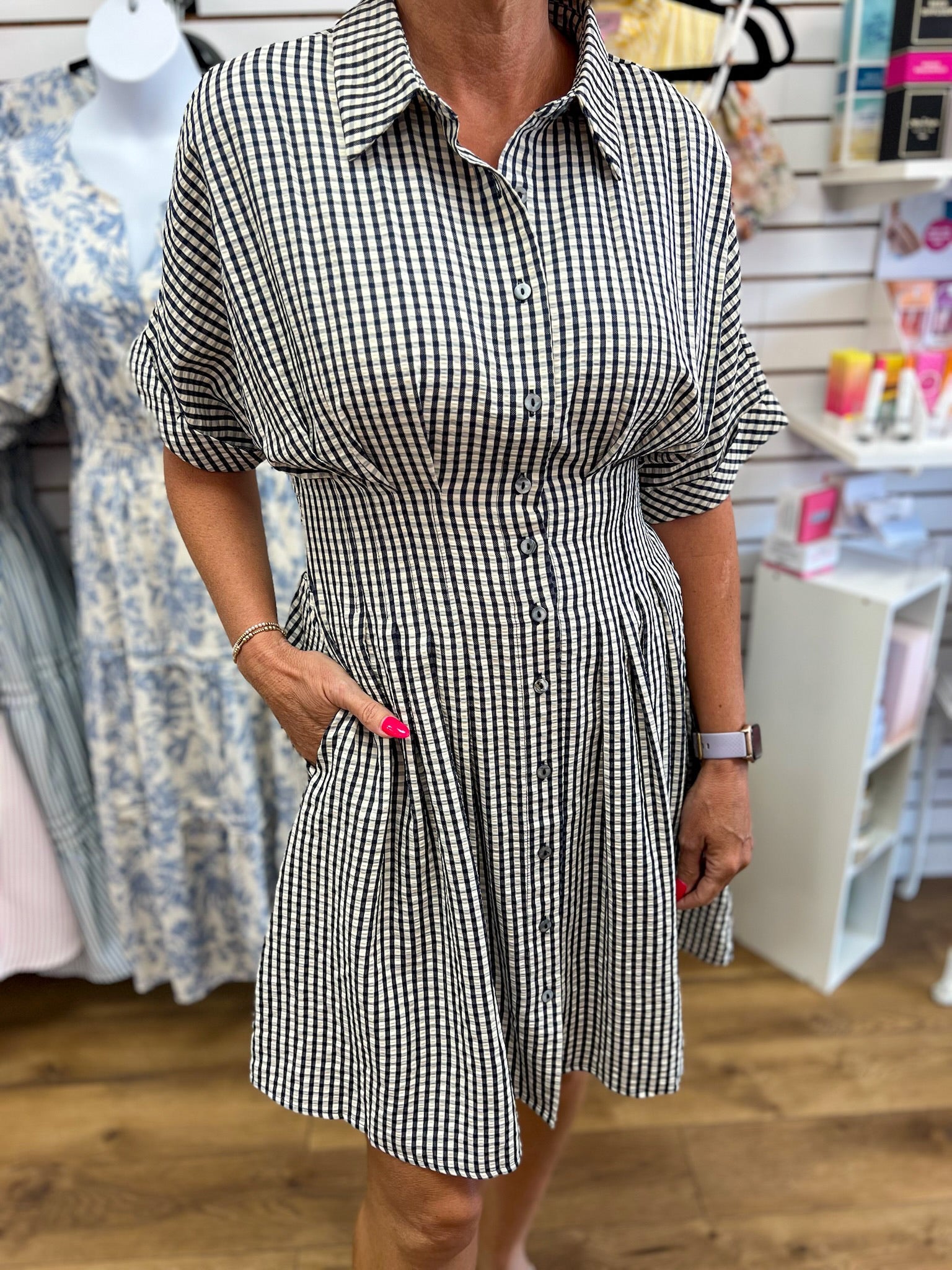 Navy Gingham Waist Pintuck Dress with Pockets - A'Bekah's Boutique