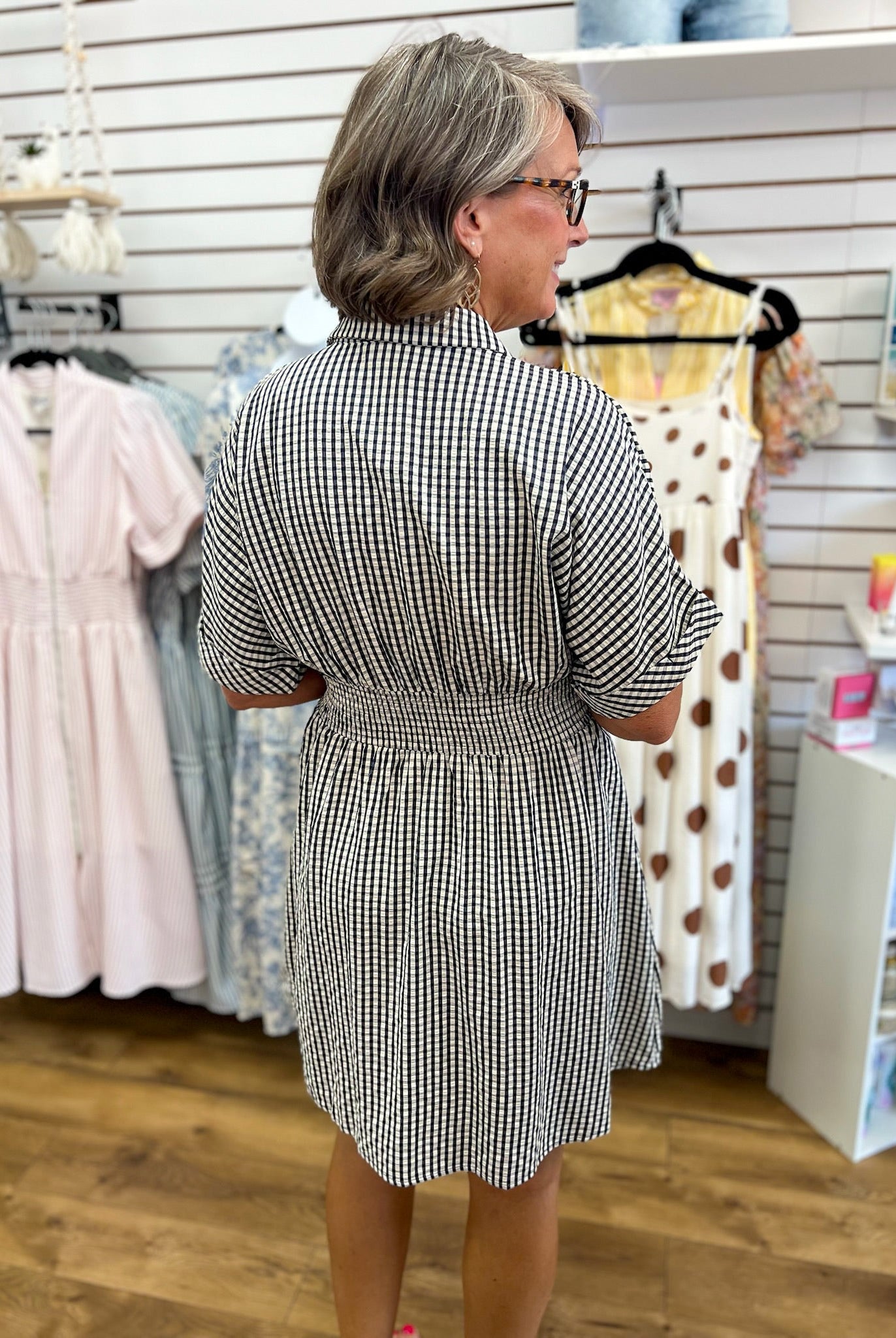 Navy Gingham Waist Pintuck Dress with Pockets - A'Bekah's Boutique