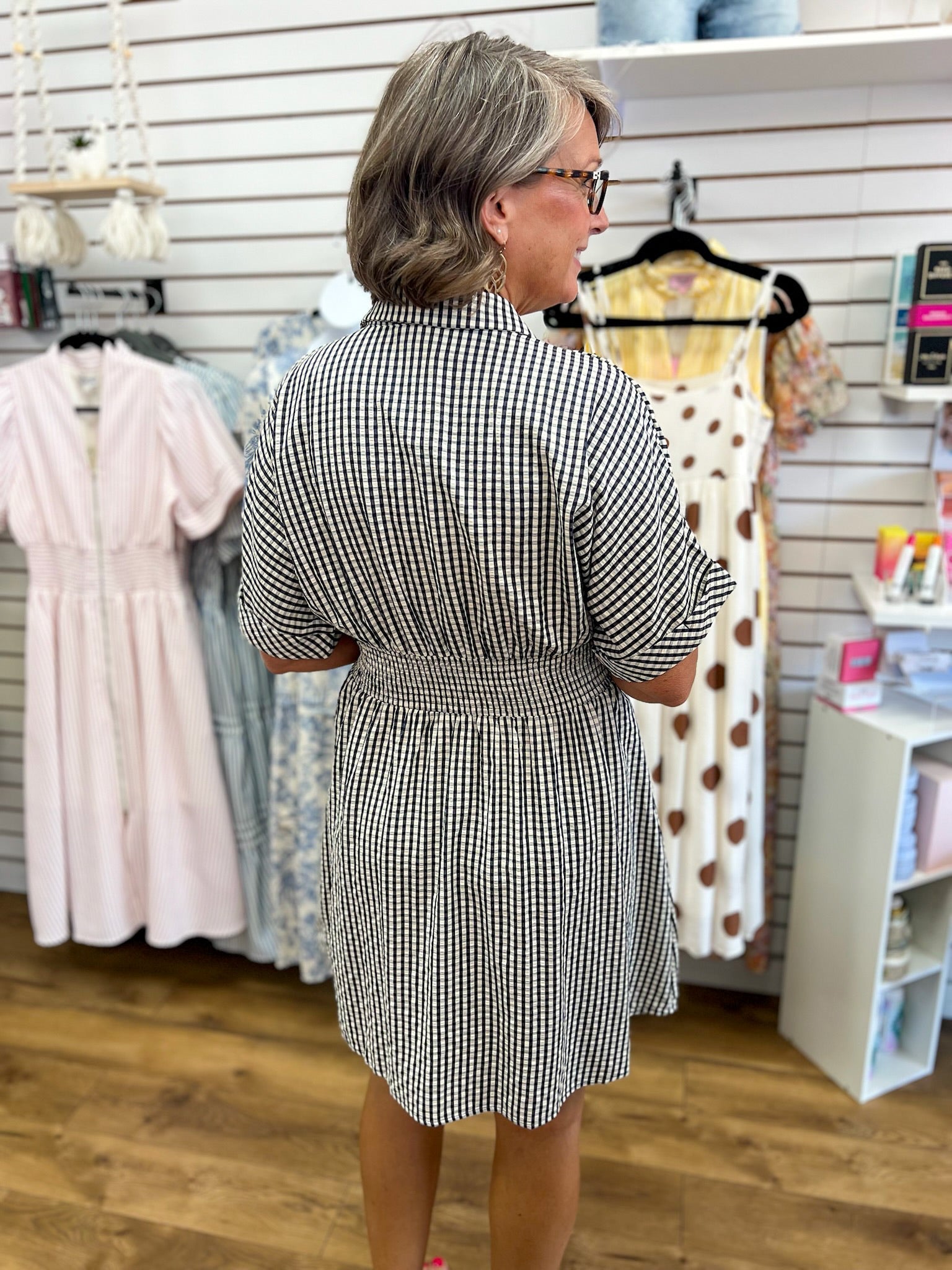 Navy Gingham Waist Pintuck Dress with Pockets - A'Bekah's Boutique