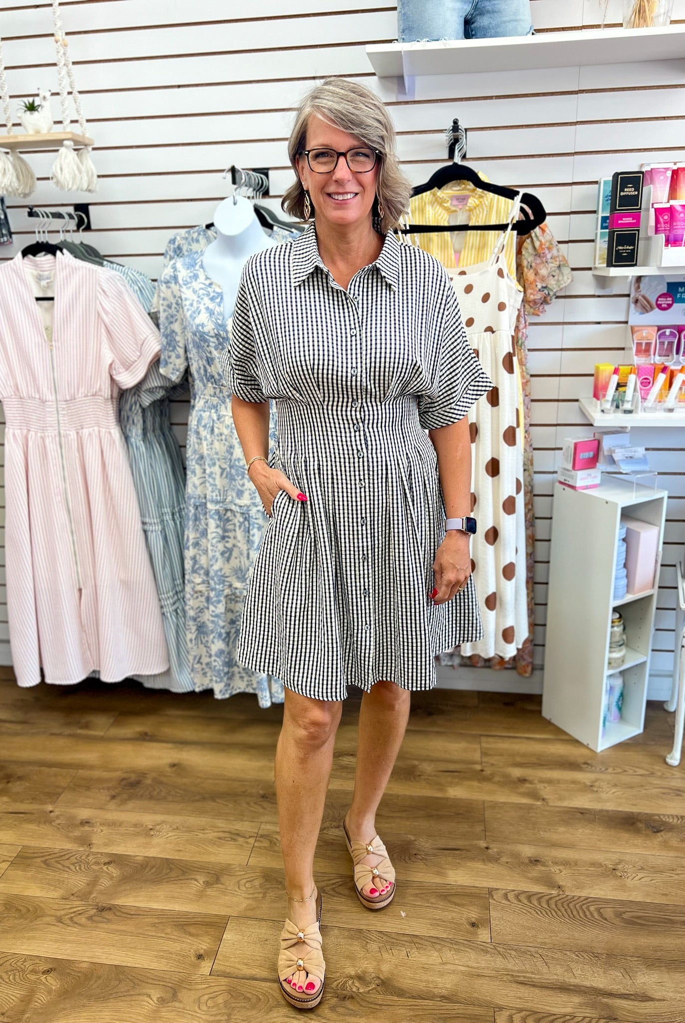Navy Gingham Waist Pintuck Dress with Pockets - A'Bekah's Boutique