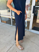 Navy Jersey Knit Midi Dress with Side Slits and Pockets - A'Bekah's Boutique