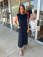 Navy Jersey Knit Midi Dress with Side Slits and Pockets - A'Bekah's Boutique