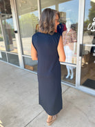 Navy Jersey Knit Midi Dress with Side Slits and Pockets - A'Bekah's Boutique