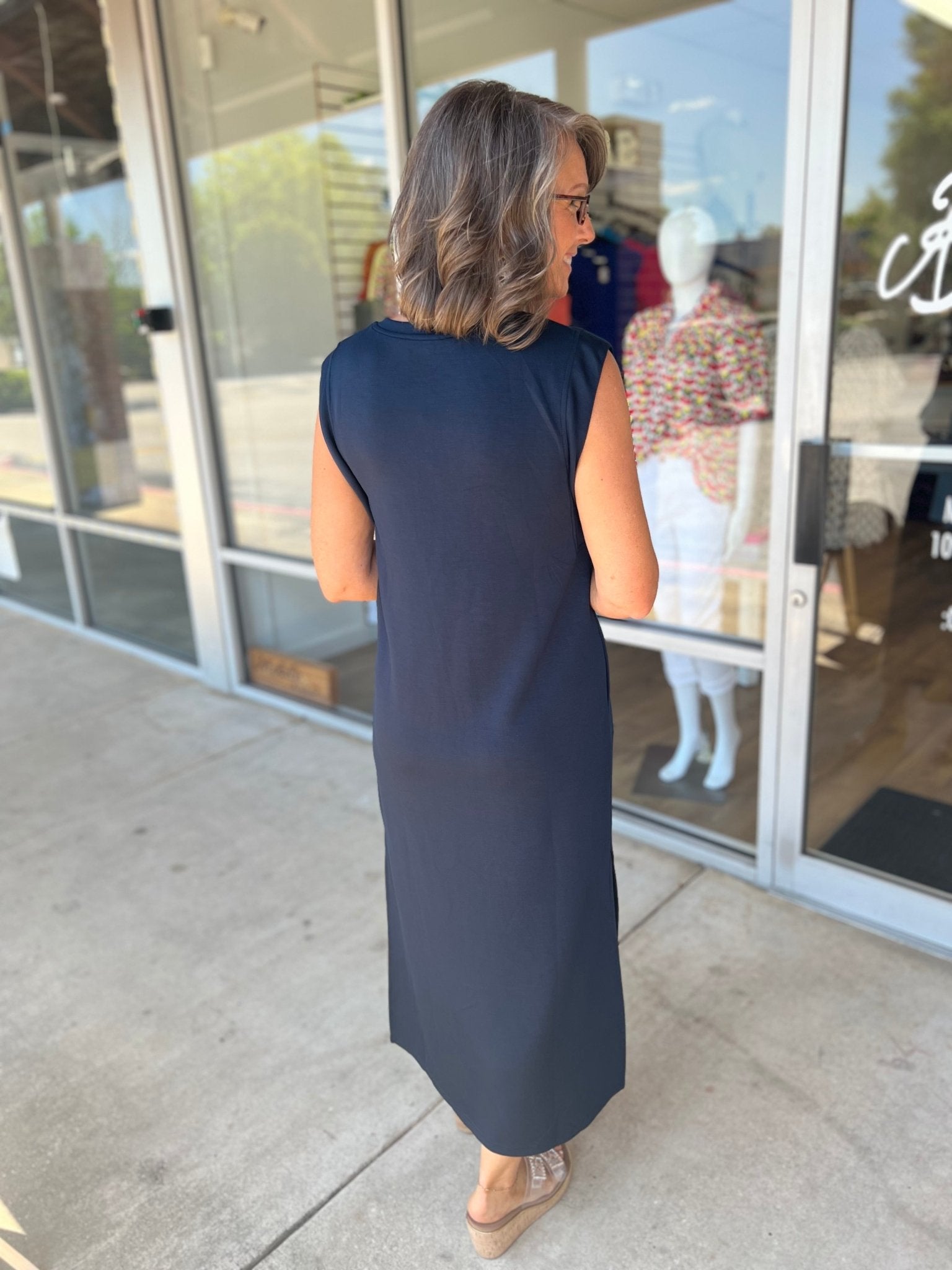 Navy Jersey Knit Midi Dress with Side Slits and Pockets - A'Bekah's Boutique