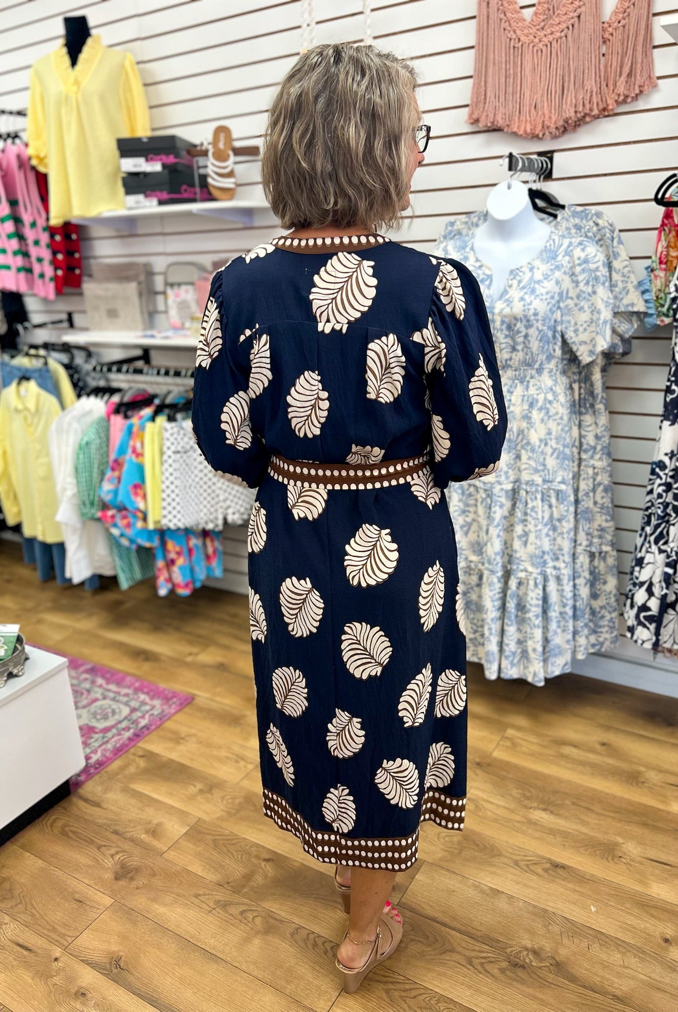 Navy Leaf Print Midi Dress with Tie Belt - A'Bekah's Boutique