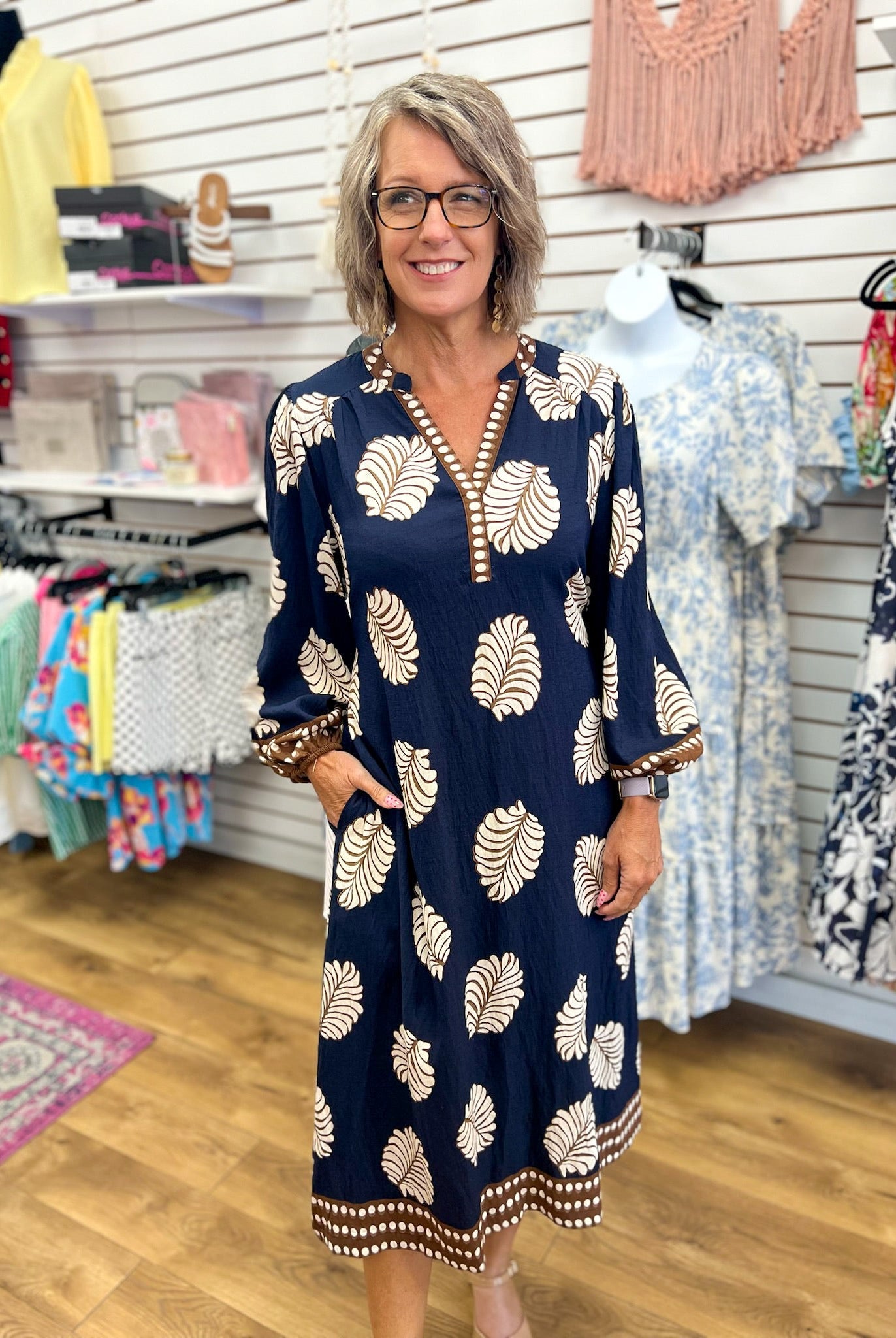 Navy Leaf Print Midi Dress with Tie Belt - A'Bekah's Boutique