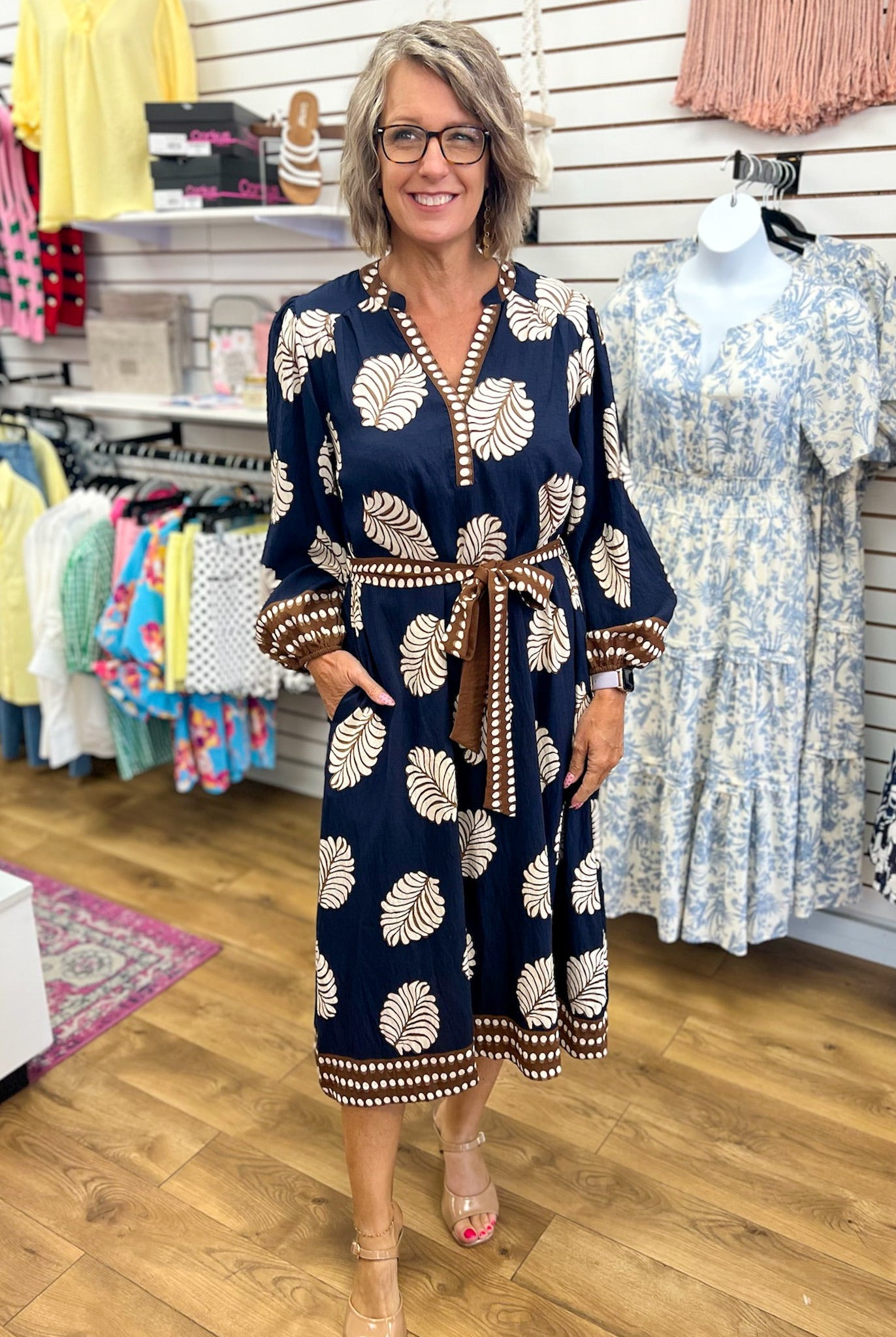 Navy Leaf Print Midi Dress with Tie Belt - A'Bekah's Boutique