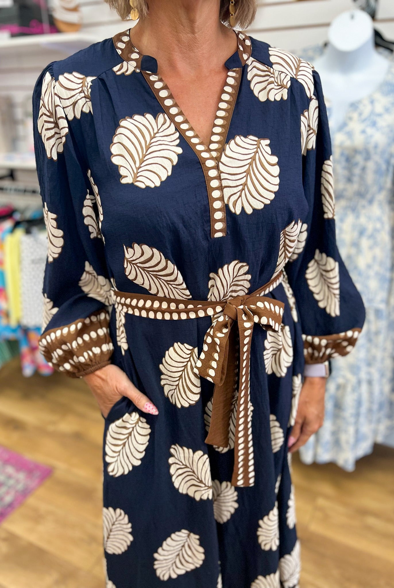 Navy Leaf Print Midi Dress with Tie Belt - A'Bekah's Boutique